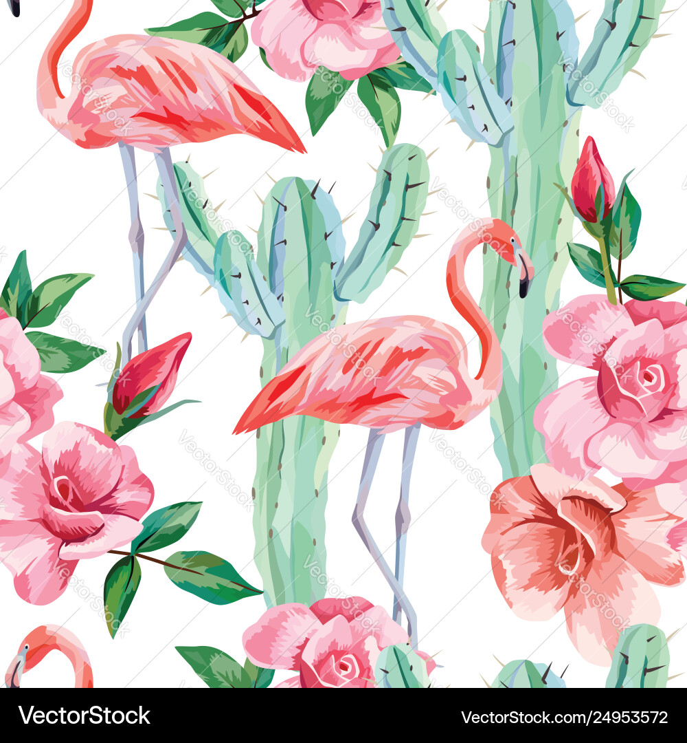 Flamingo cacti roses seamless pattern Flamingo cacti roses seamless pattern vector image