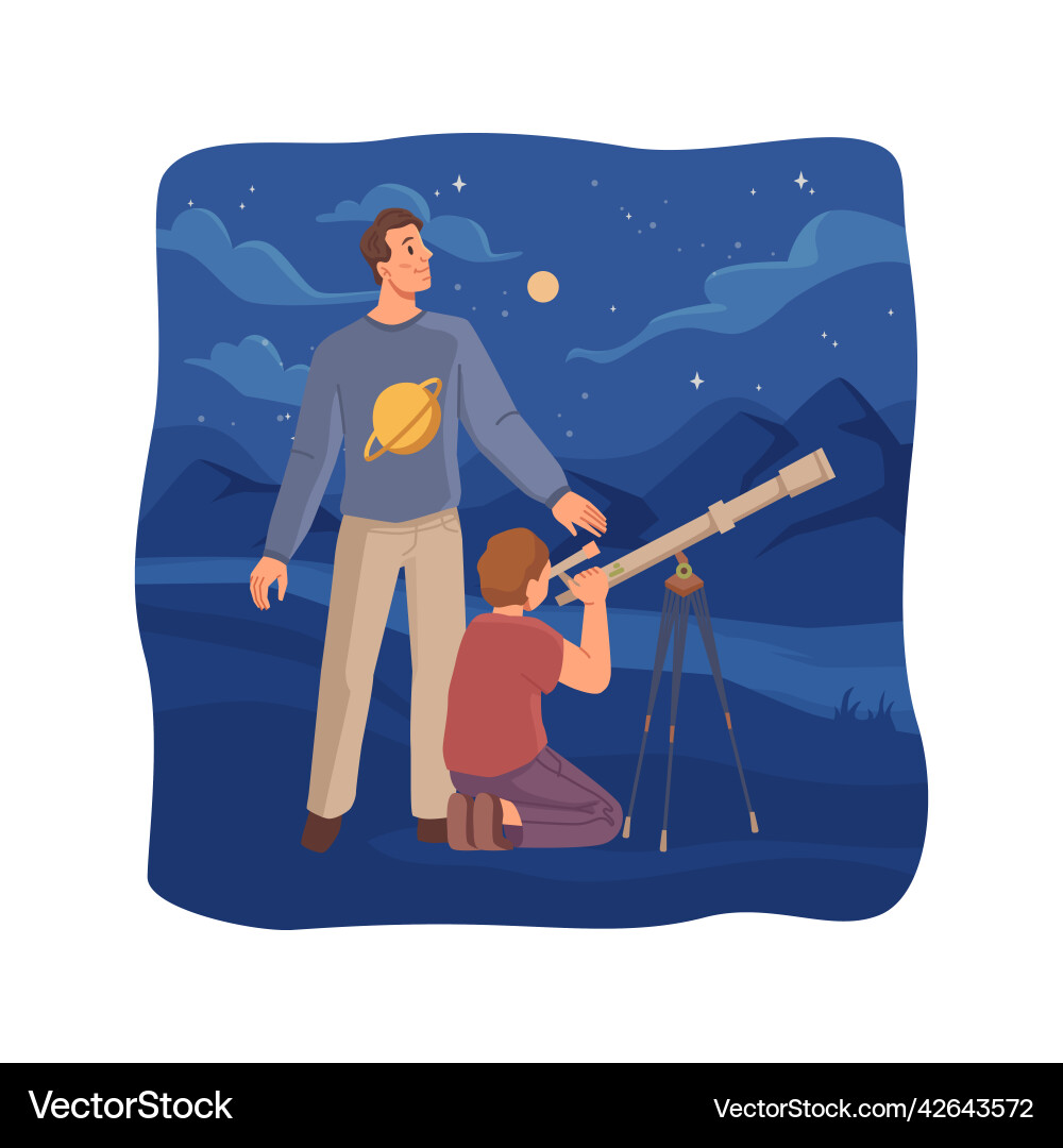 Mann und Kind beobachten Sternenhimmel durch Teleskop Mann und Kind beobachten Sternenhimmel durch Teleskop vektorbild
