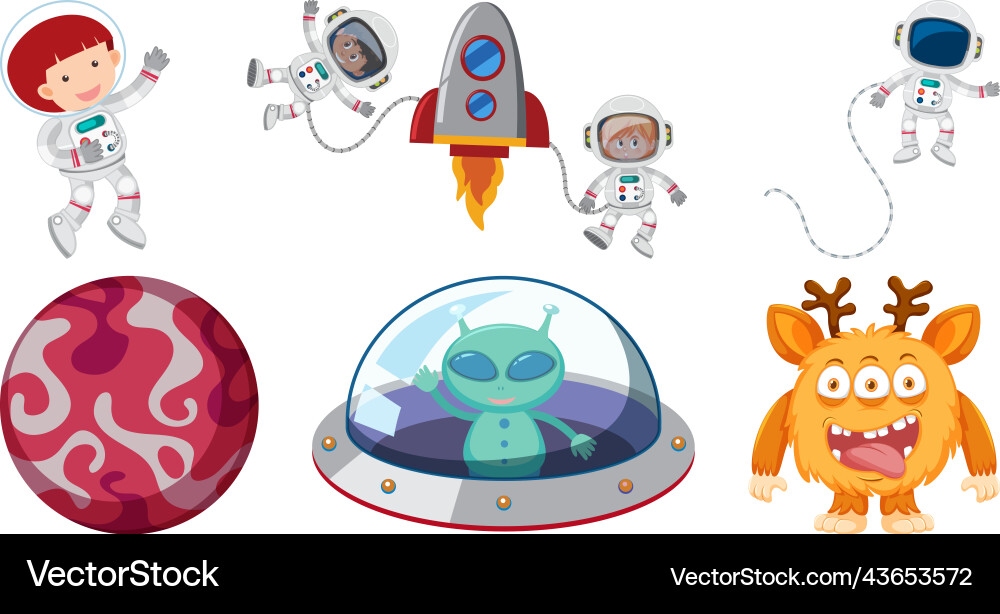 Set of space cartoon characters and objects Set of space cartoon characters and objects vector image