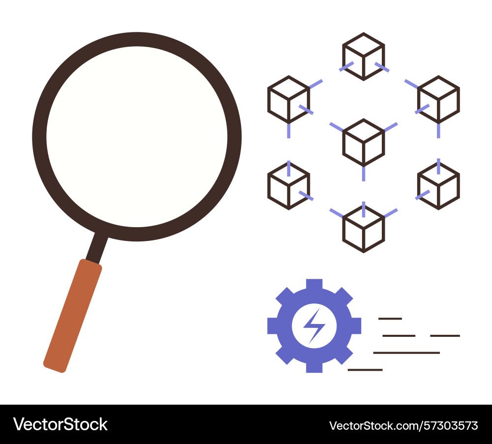 Magnifying glass examining blockchain network Magnifying glass examining blockchain network vector image