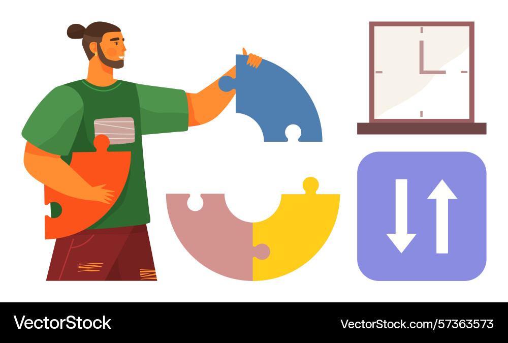 Man assembling puzzle pieces with clock and up Man assembling puzzle pieces with clock and up vector image