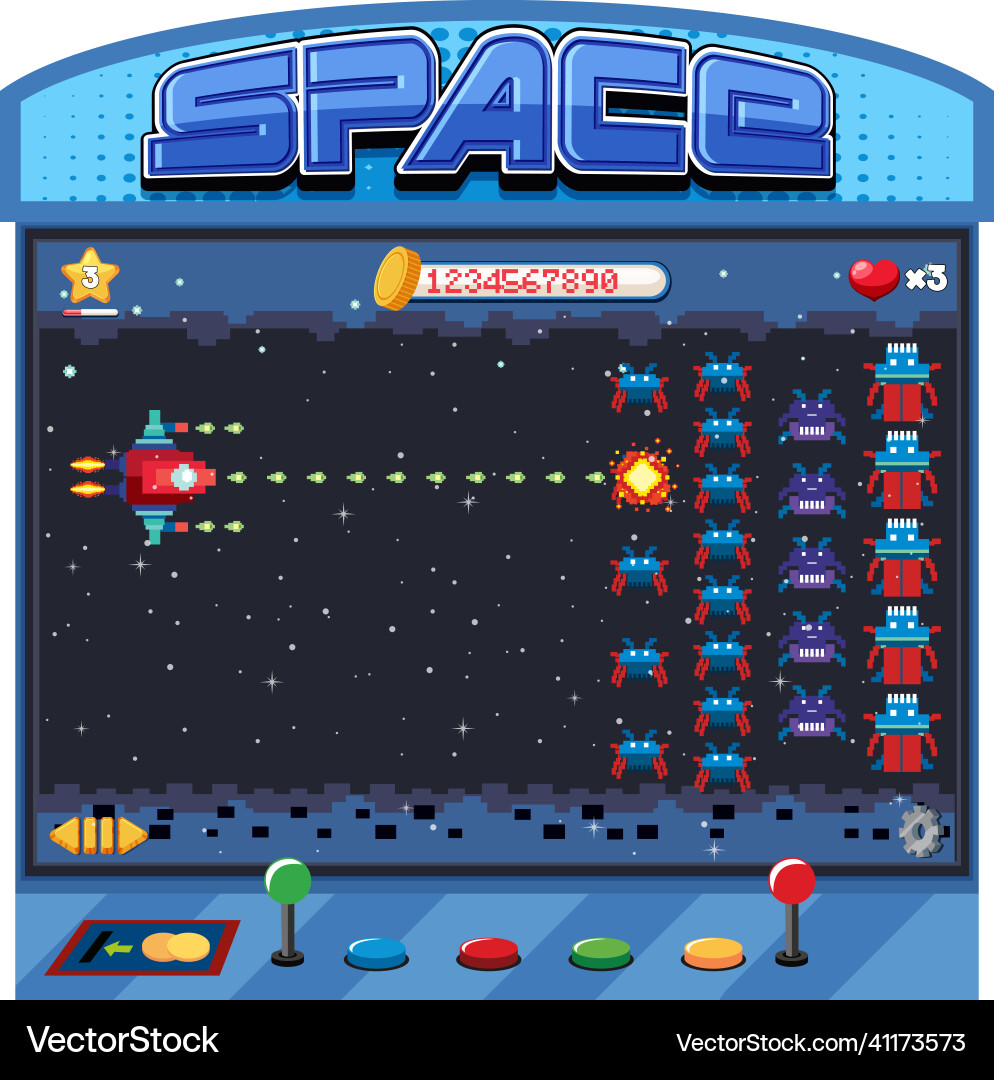 Retro arcade pixel space game interface Retro arcade pixel space game interface vector image