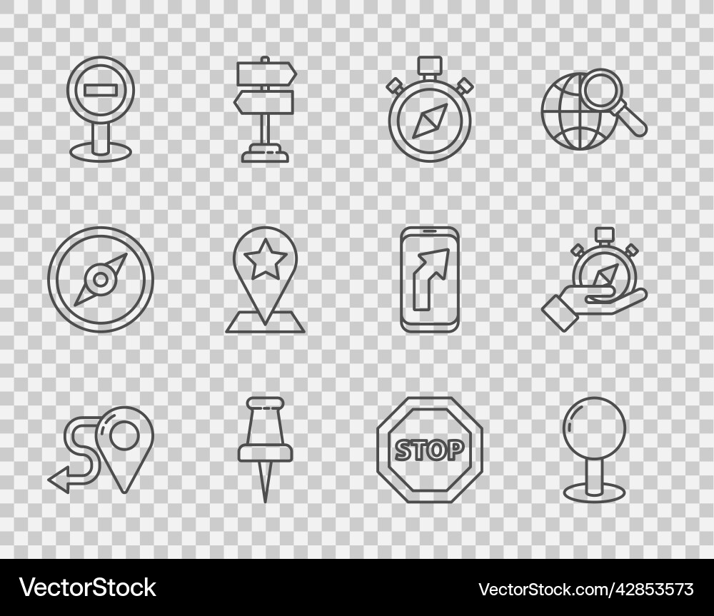 Set line route location push pin compass stop Vector Image