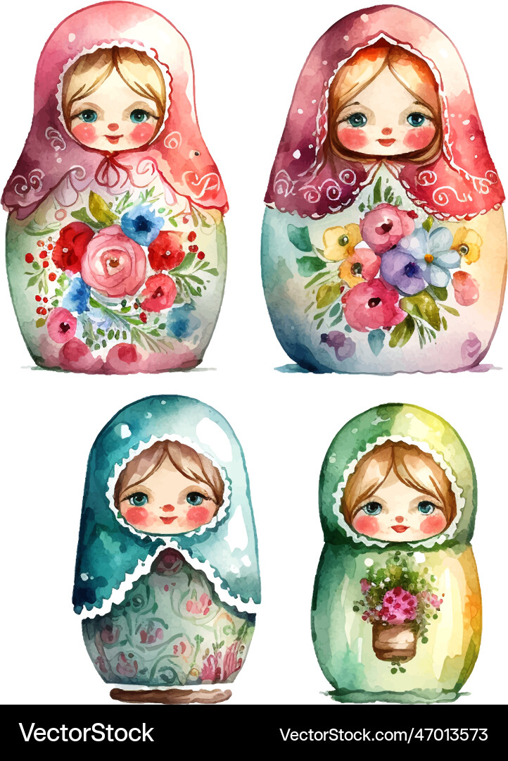 Watercolor russia matryoshka set doll flowers vector image