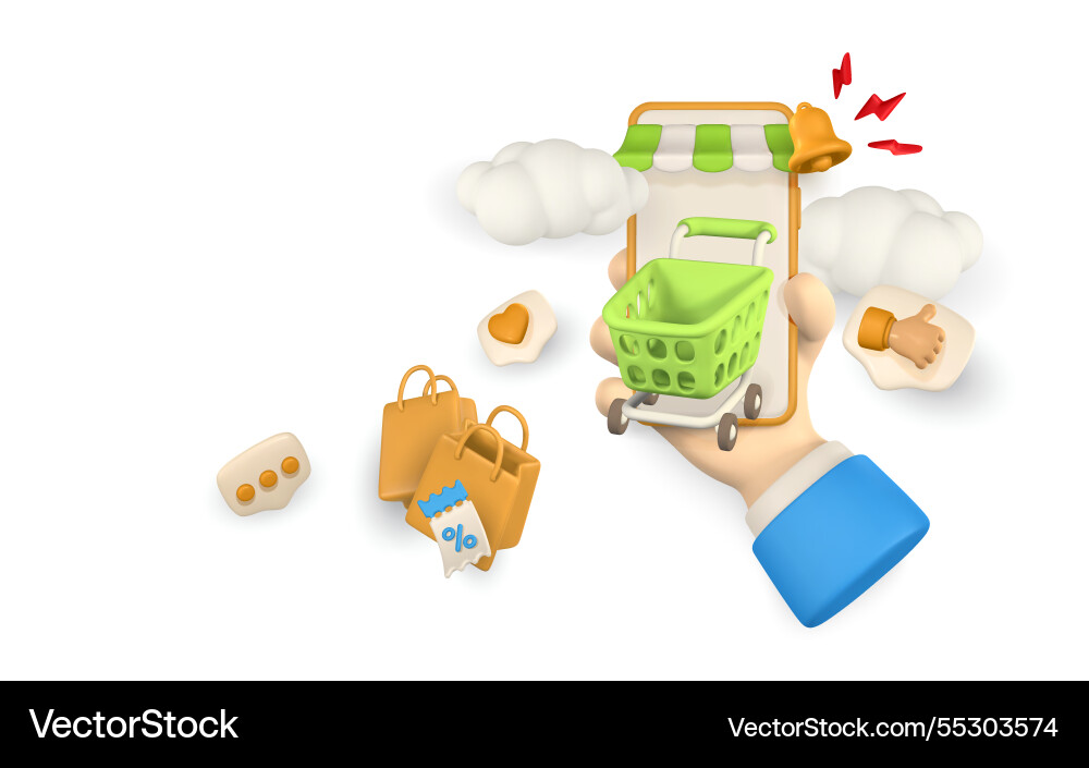 3d Online Shop Telefon in Hand Einkaufstaschen Cloud 3d Online Shop Telefon in Hand Einkaufstaschen Cloud vektorbild