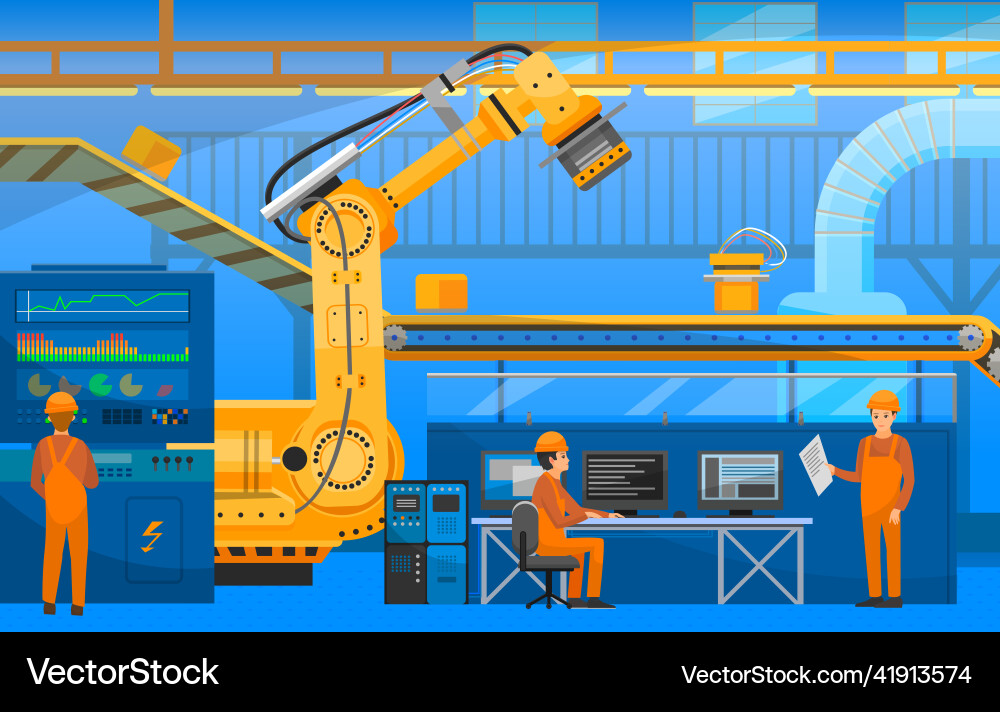 Automated robotic production line conveyor Automated robotic production line conveyor vector image