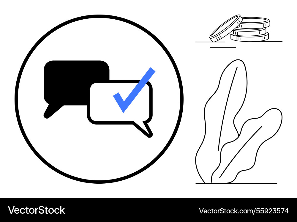 Chat interaction with confirmation checkmark near vector image