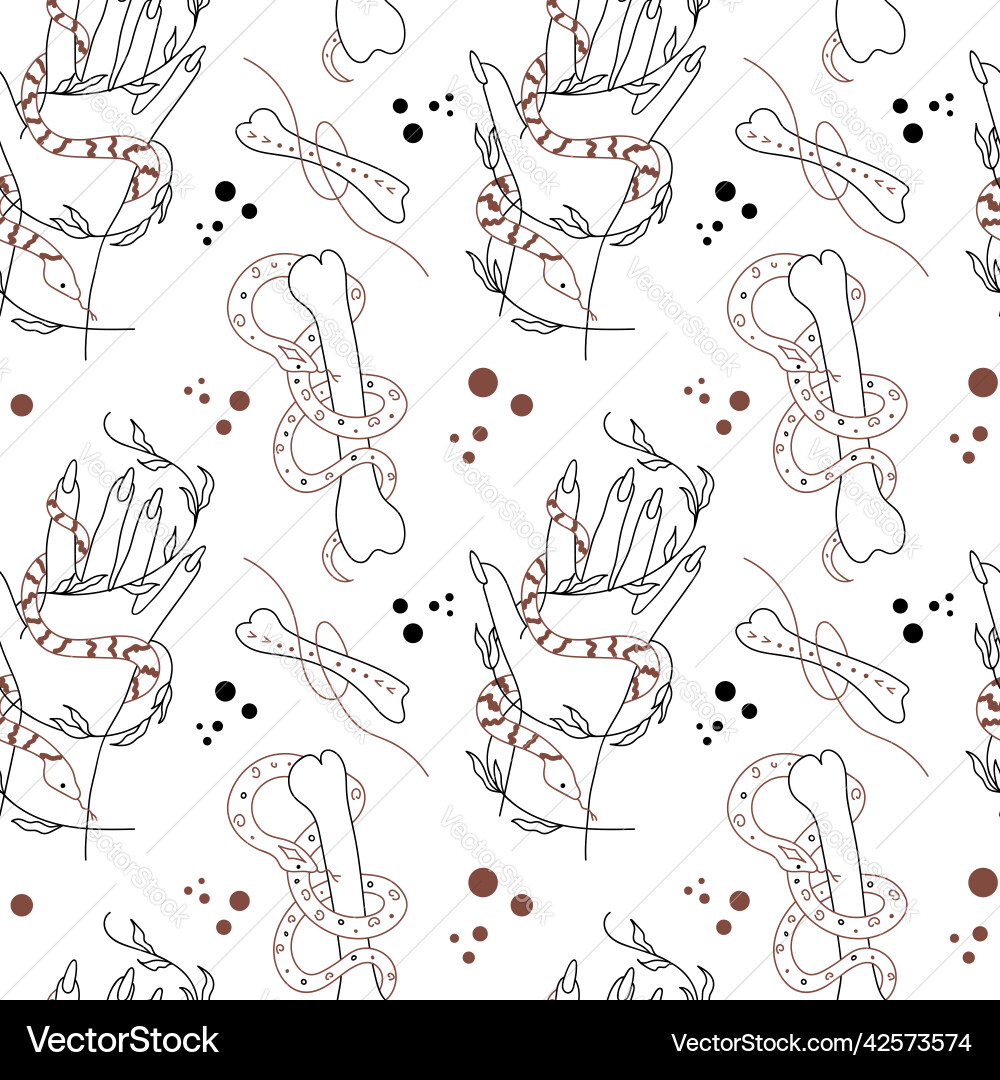 Seamless pattern with hand and snake bone vector image