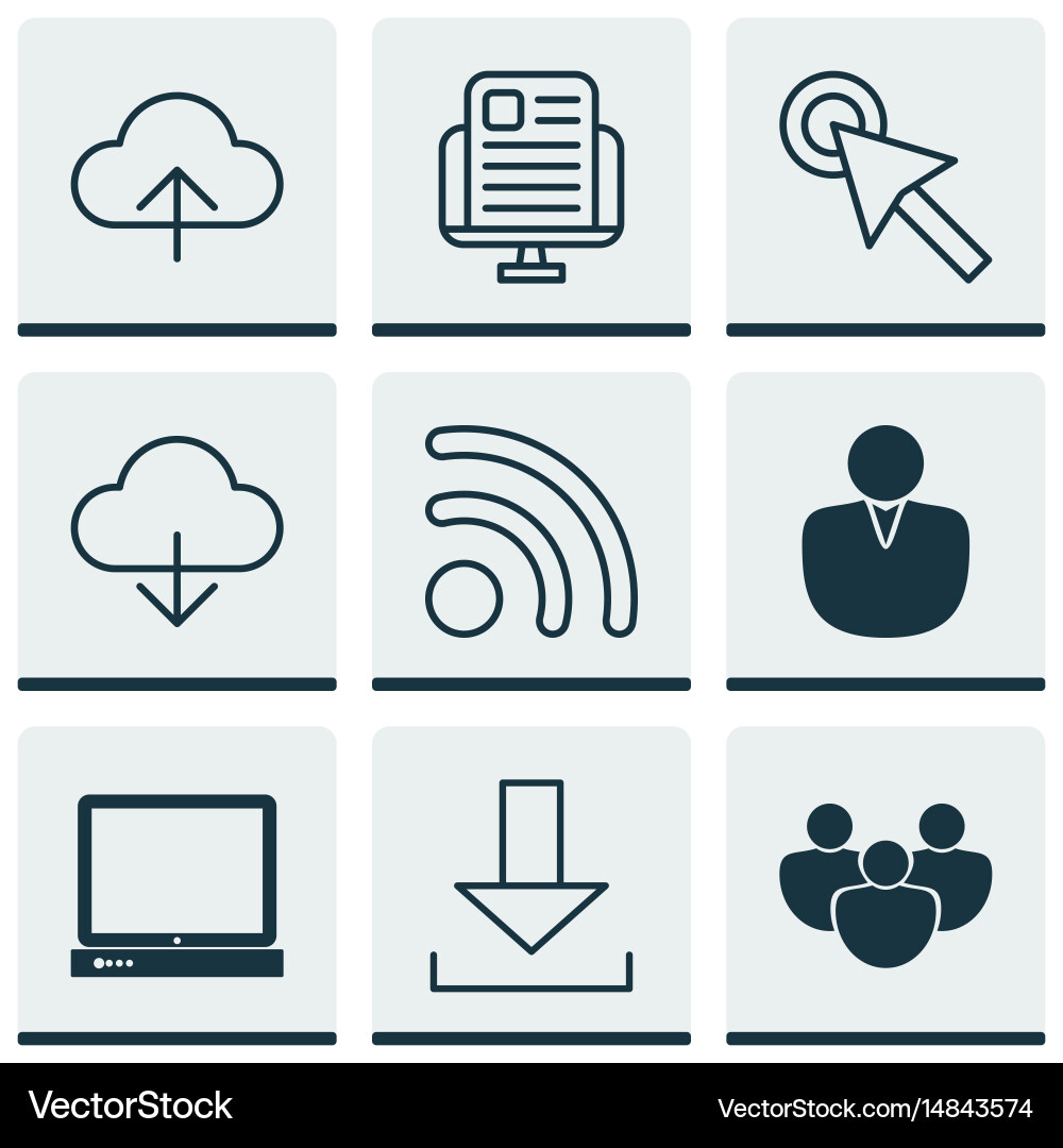 Set of 9 web icons includes pc cursor tap data Vector Image