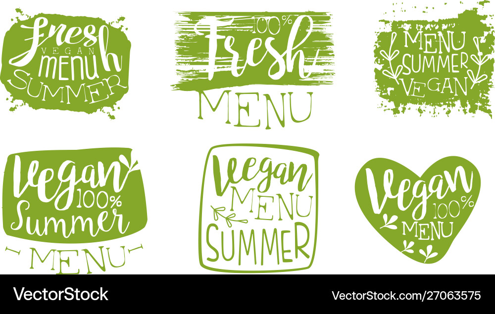 Fresh vegan summer menu green hand drawn badges Fresh vegan summer menu green hand drawn badges vector image