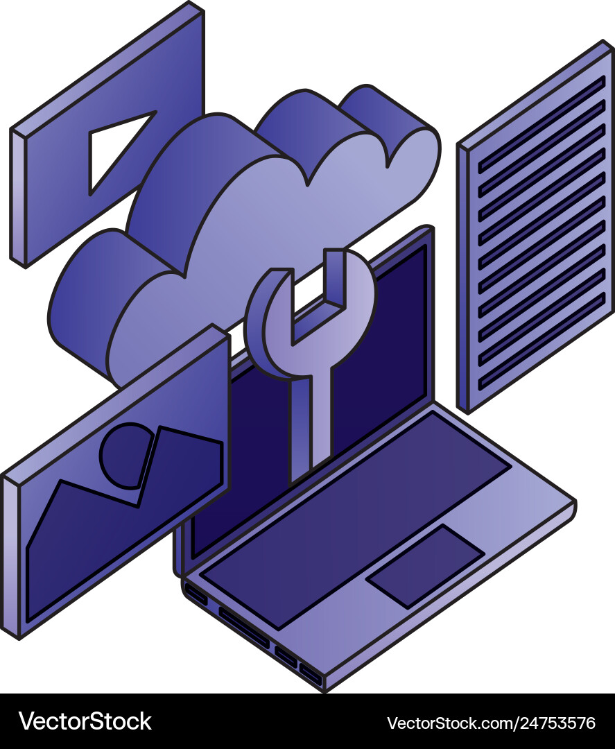 Laptop computer wrench cloud network data apps Laptop computer wrench cloud network data apps vector image