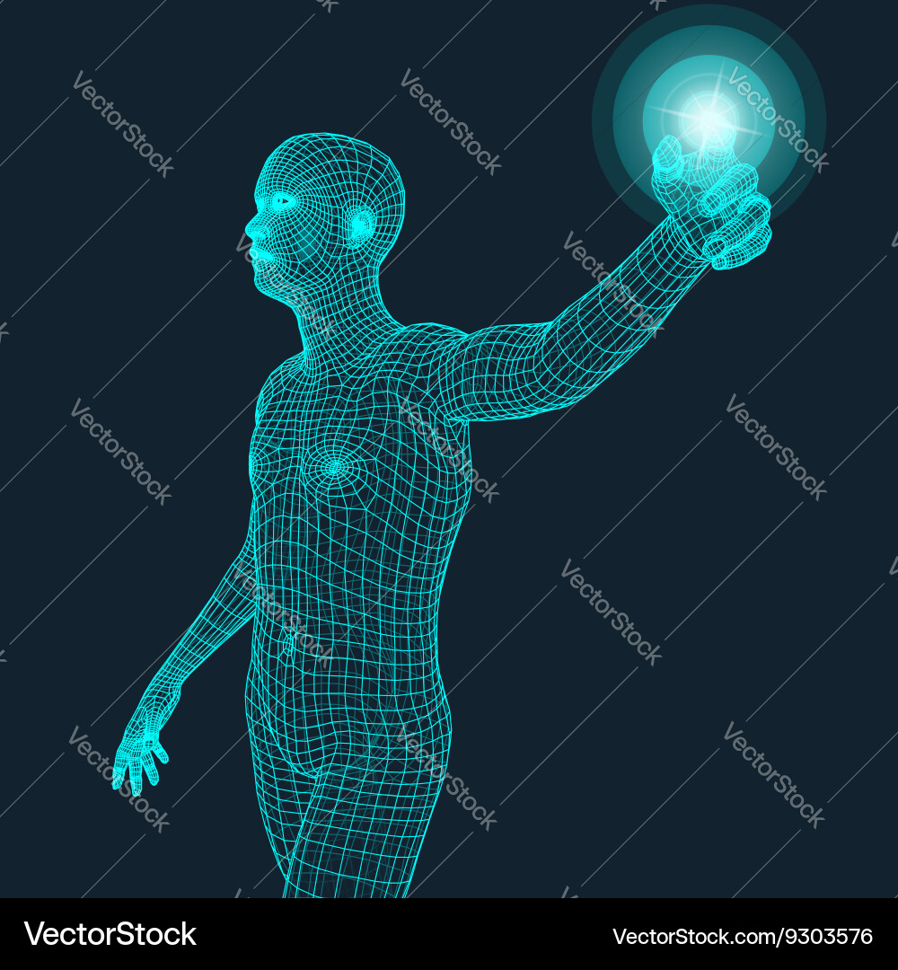 Man pointing his finger 3d model of grid Vector Image