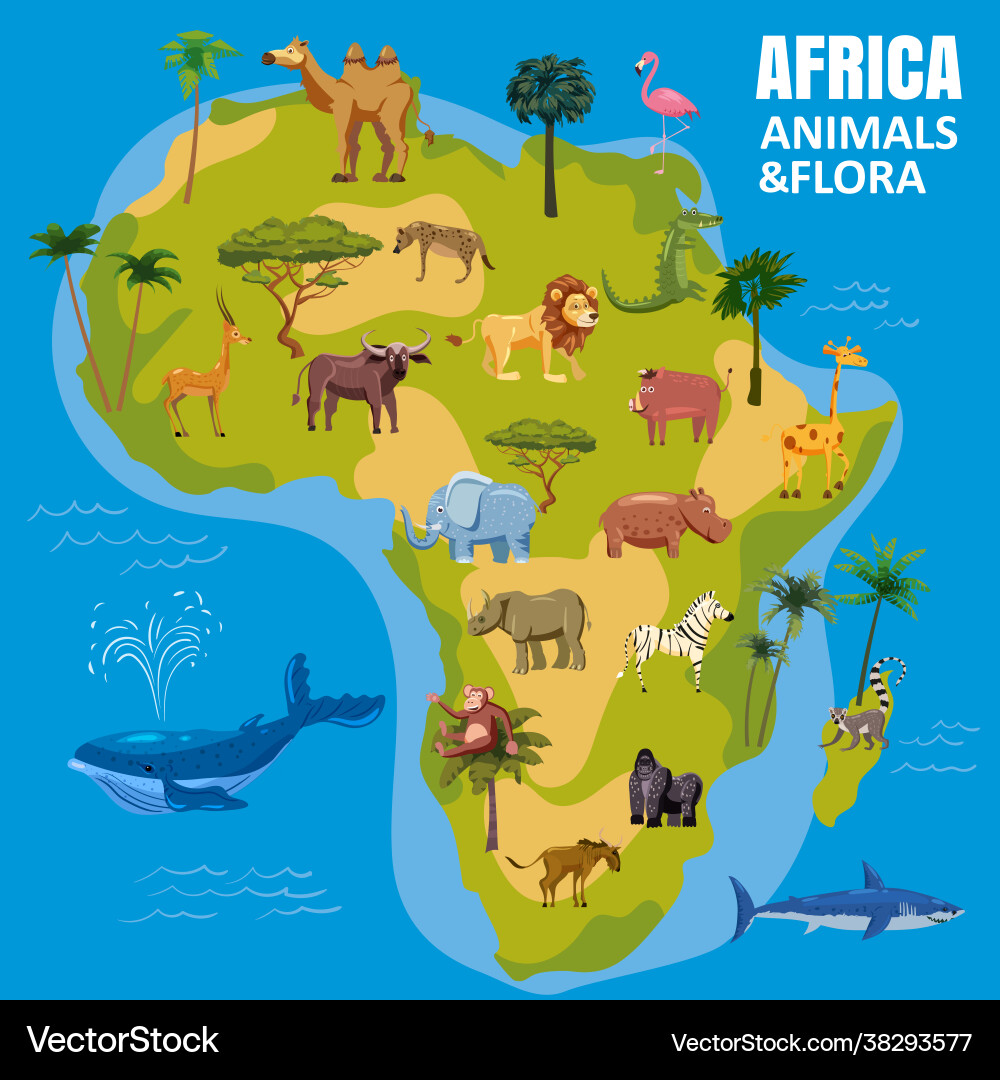 Africa animal world map continent set tropical Africa animal world map continent set tropical vector image