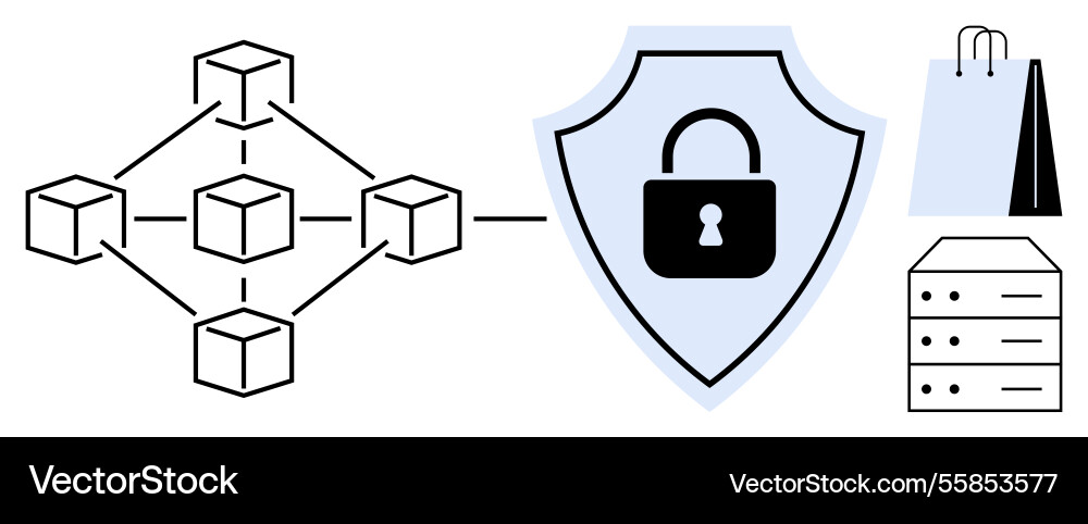 Blockchain network data security shield shopping Blockchain network data security shield shopping Vector Image