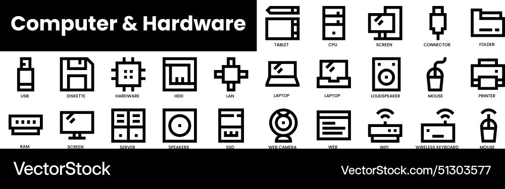 Set of outline computer and hardware icons Set of outline computer and hardware icons vector image