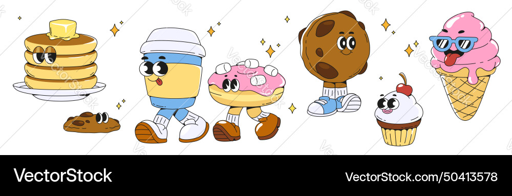 Groovy dessert characters set vector image