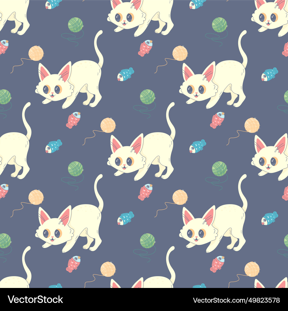 Seamless pattern of balls thread and cat Vector Image