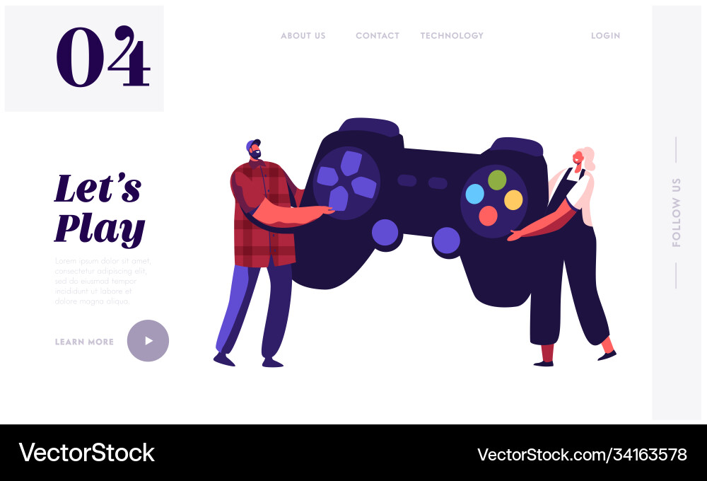 Tiny characters playing videogamelanding page Tiny characters playing videogamelanding page Vector Image