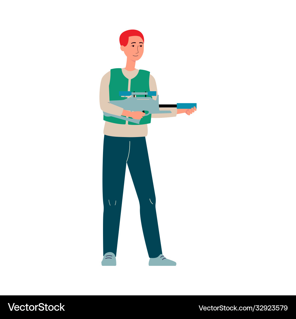 Laser tag player holding toy rifle - cartoon man Vector Image