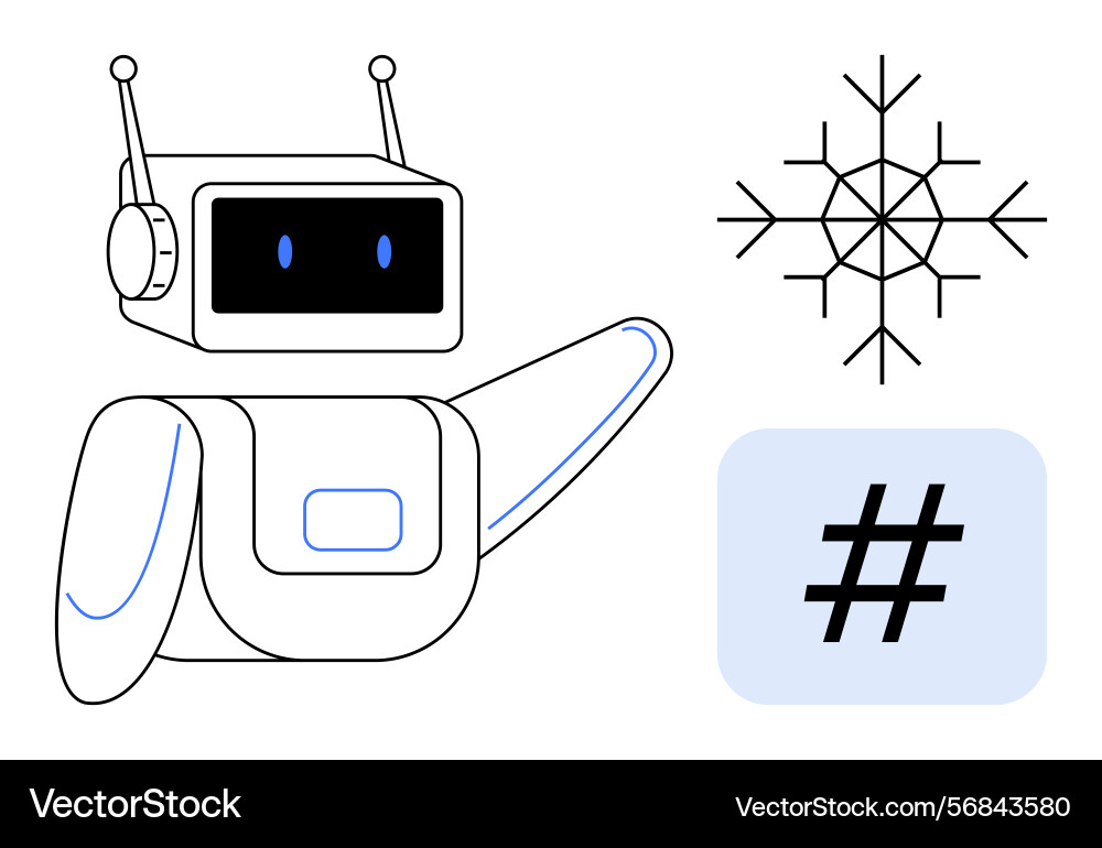 Friendly robot pointing at symbols with metadata vector image