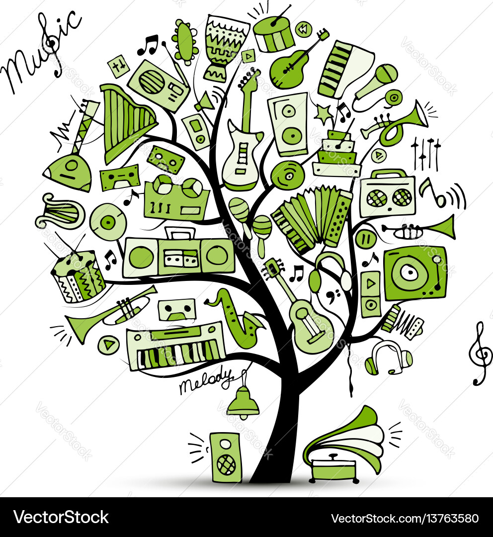 Music instruments tree sketch for your design Music instruments tree sketch for your design vector image
