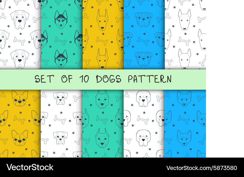 Set of 10 seamless patterns with different breeds vector image