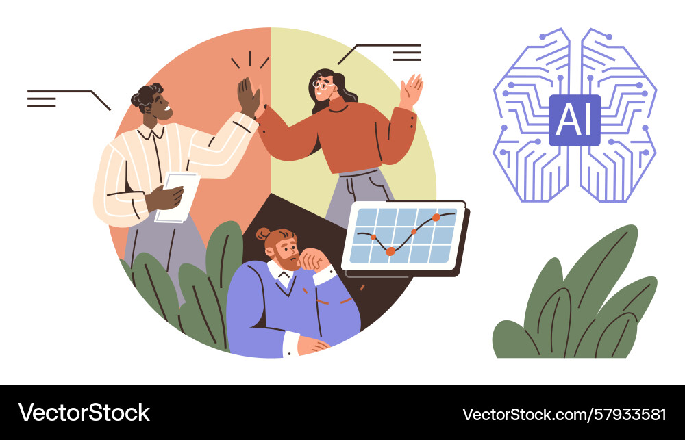 Team discussing ai growth with chart and brain Team discussing ai growth with chart and brain Vector Image