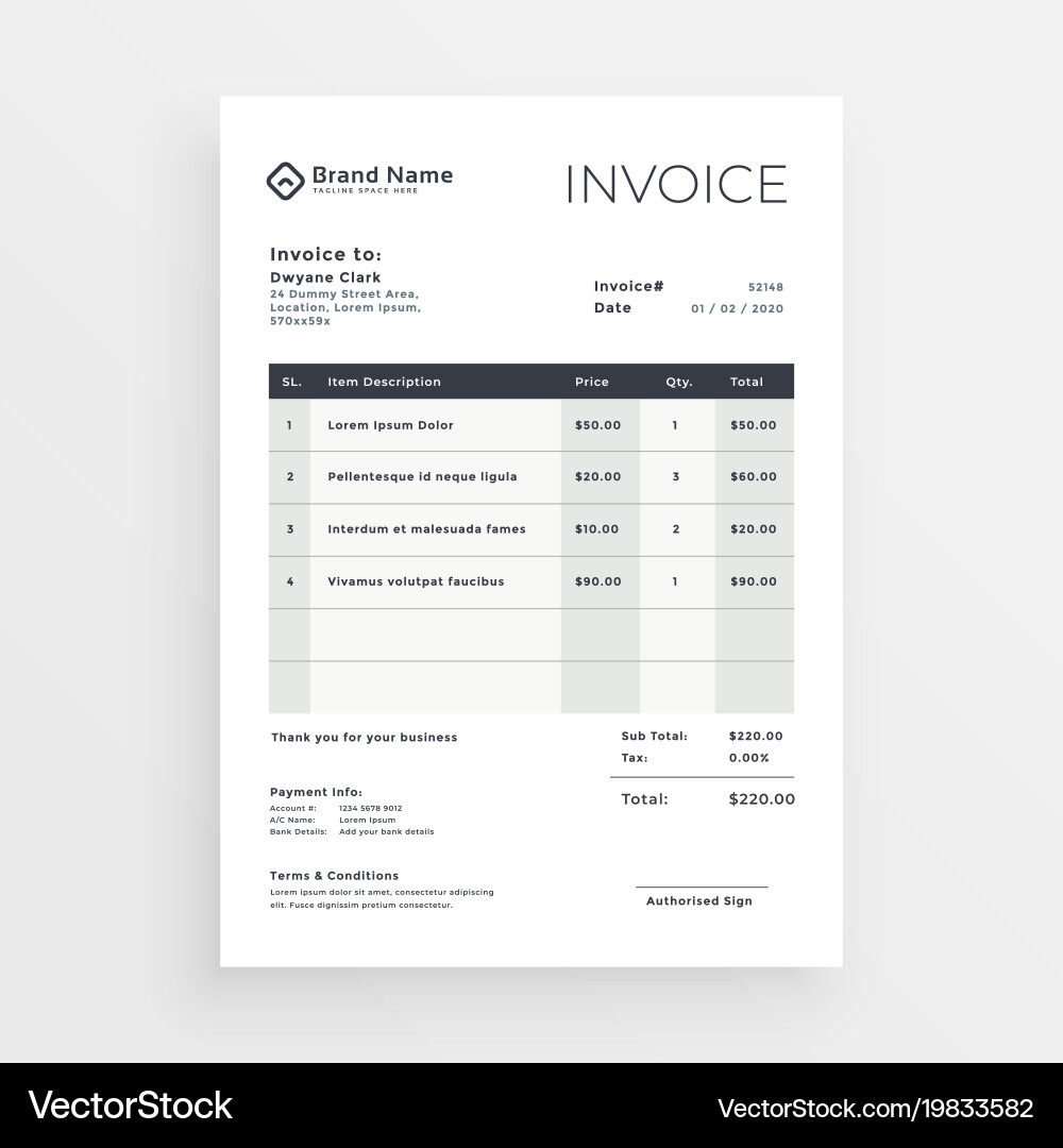 Clean minimal invoice template design vector image