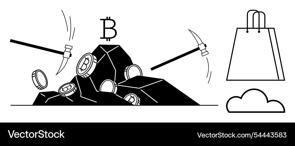 Bitcoin mining with pickaxes emerging from rocks Bitcoin mining with pickaxes emerging from rocks Vector Image