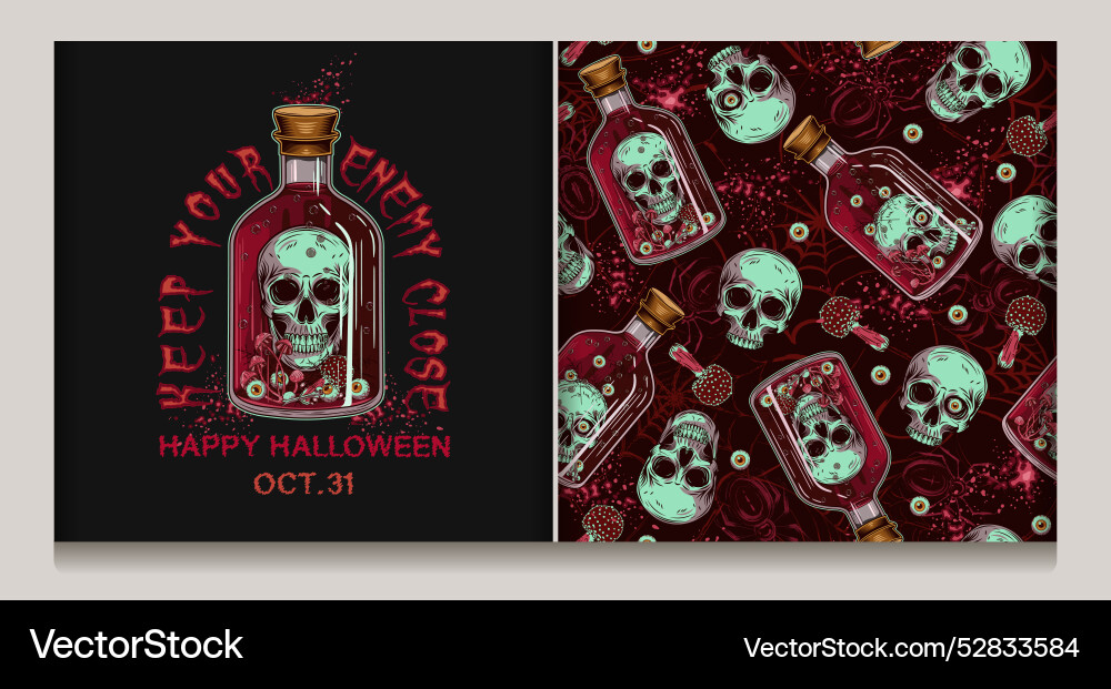 Halloween red pattern label with bottle skull Halloween red pattern label with bottle skull vector image