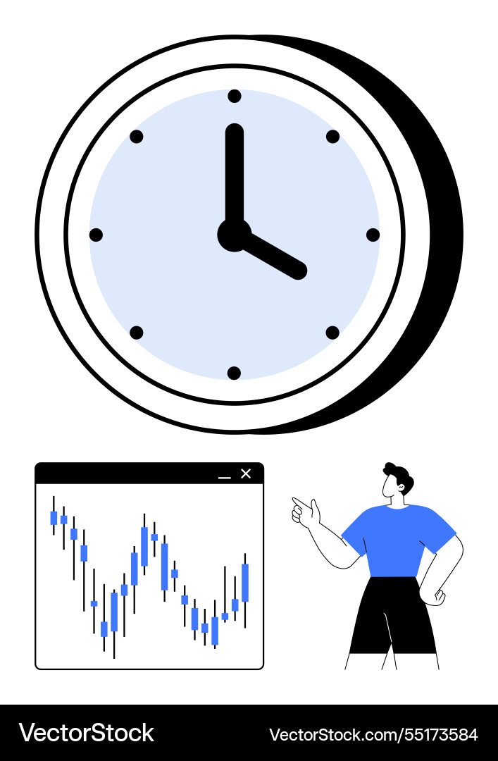 Man pointing at stock market graph and clock Vector Image