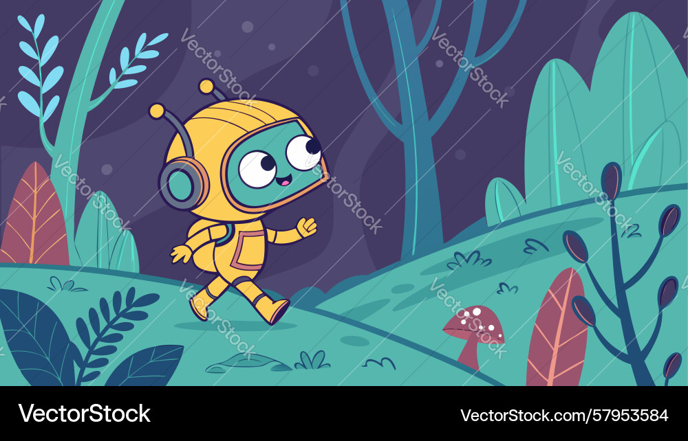 Robot Exploring Lush Alien Planet Vector Image