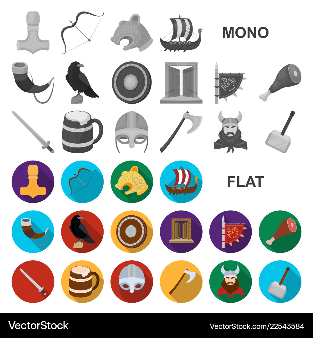 Vikings and attributes flat icons in set Vector Image