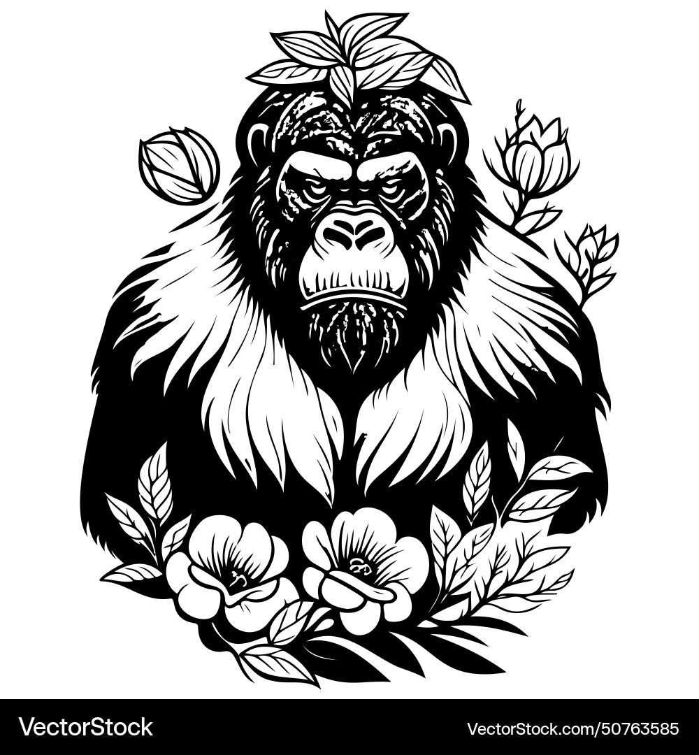 Animal gorilla brave with floral sketch hand draw Animal gorilla brave with floral sketch hand draw vector image