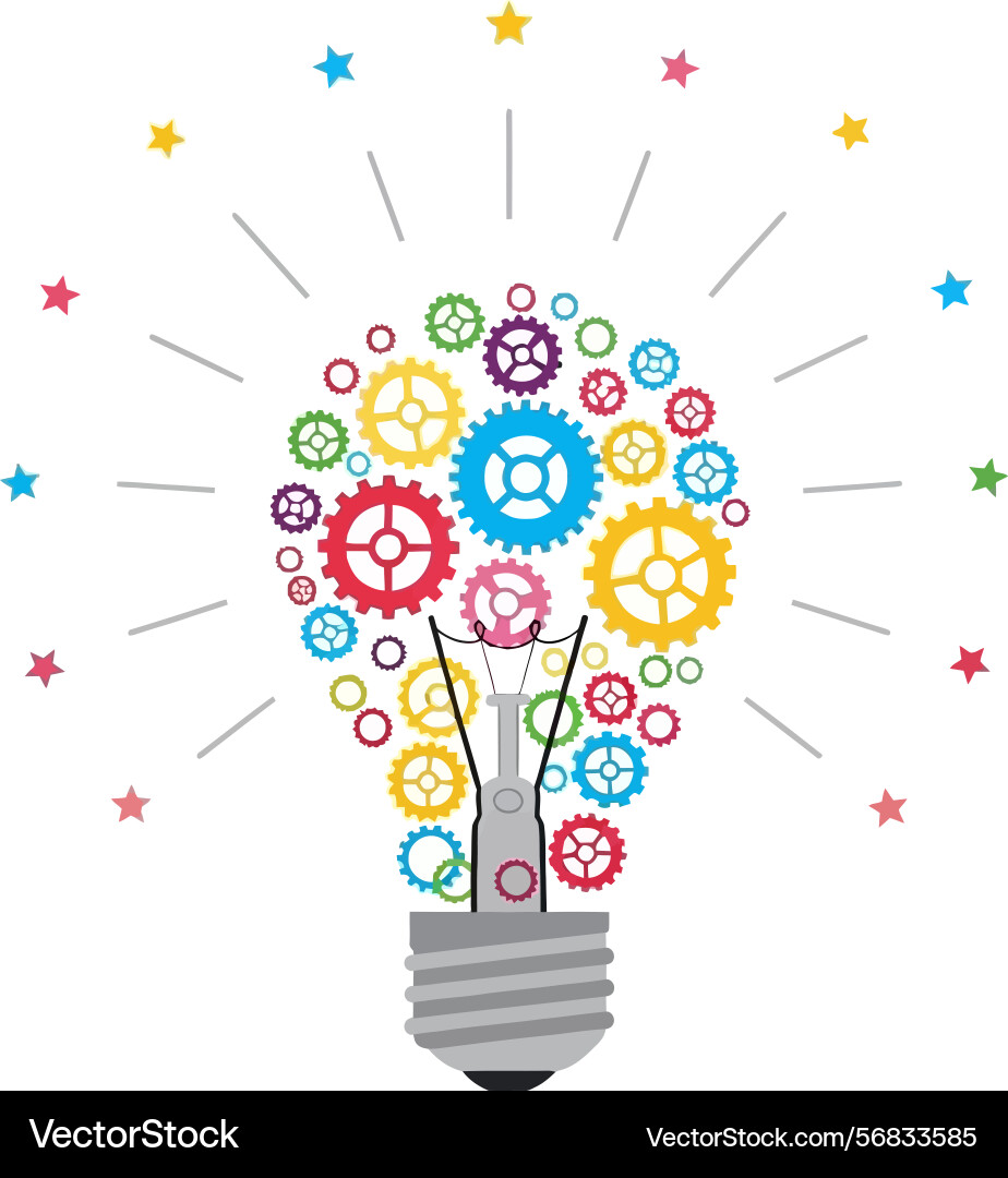 Lightbulb with colorful gears and starburst rays Lightbulb with colorful gears and starburst rays vector image