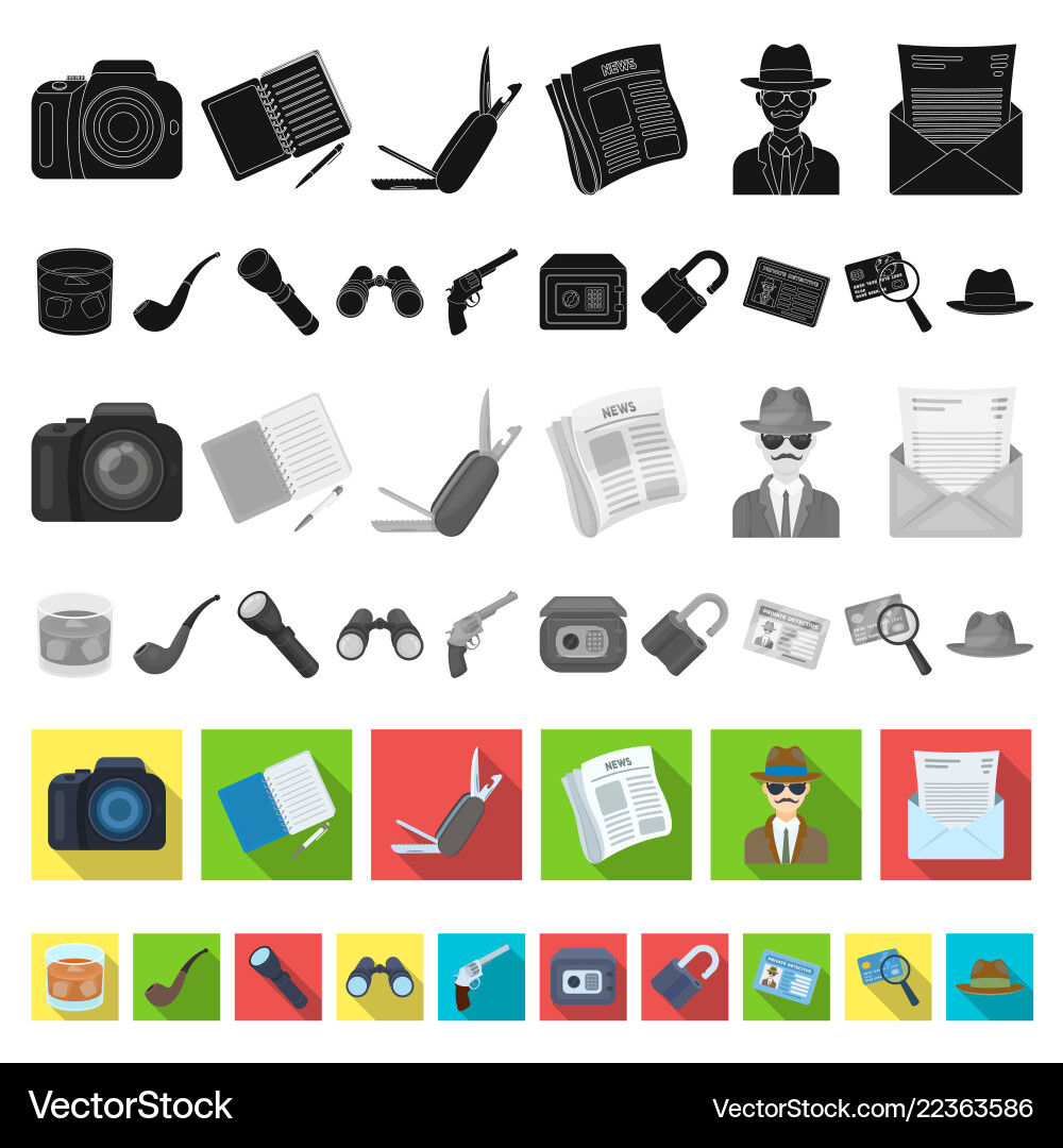 Detective and attributes flat icons in set Detective and attributes flat icons in set Vector Image