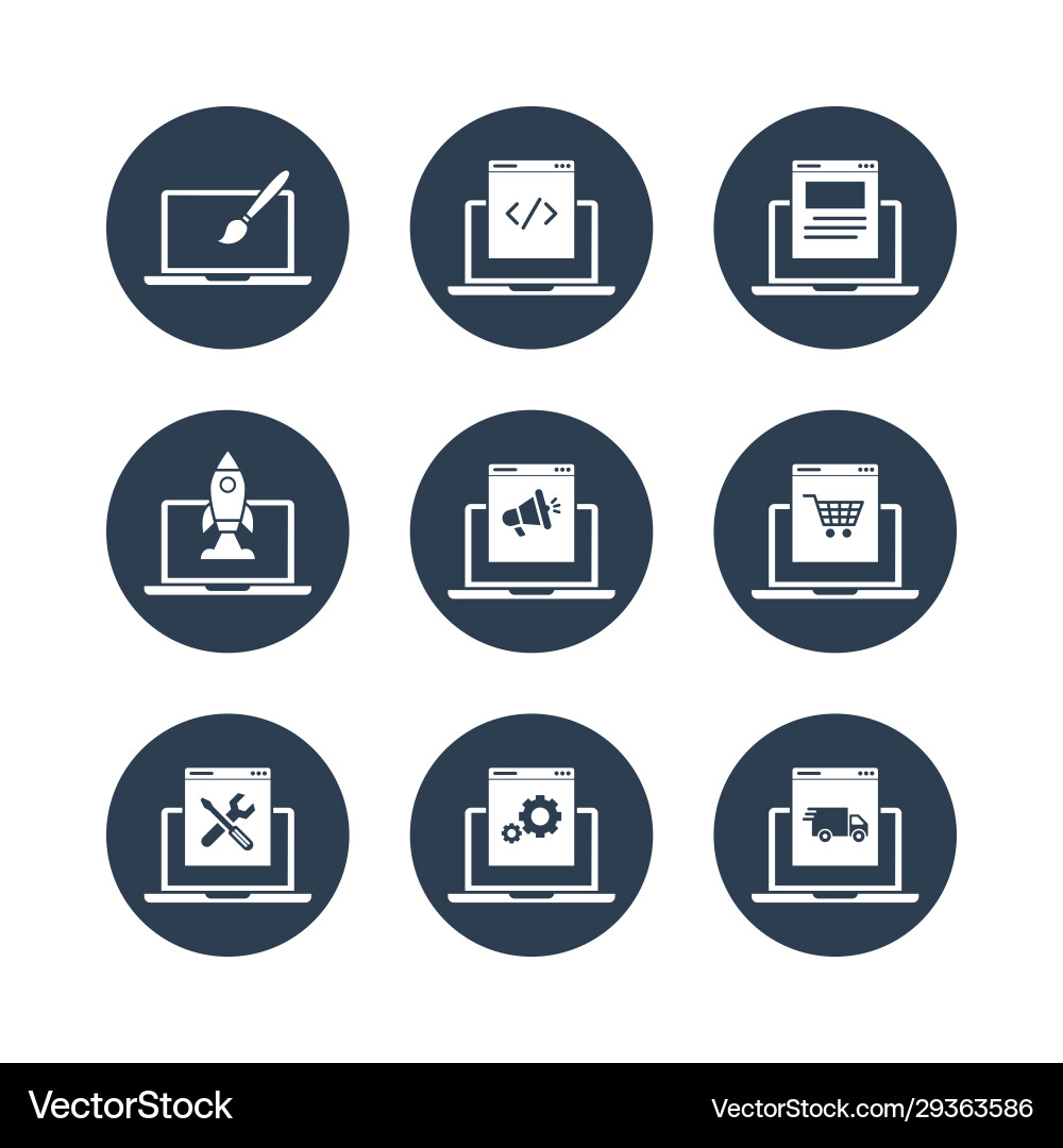 Laptop programming filled icon set vector image