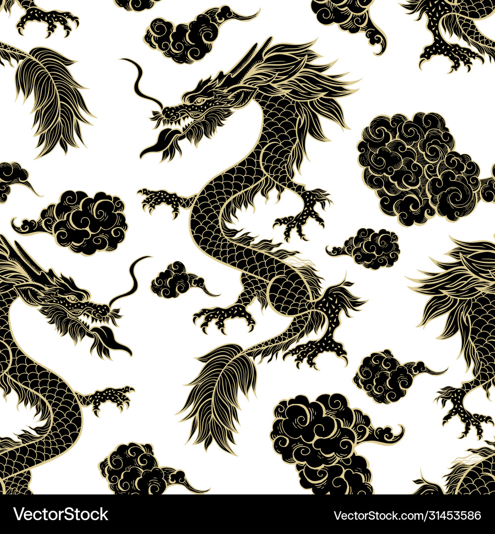 Oriental black dragon flying in clouds seamless Oriental black dragon flying in clouds seamless vector image