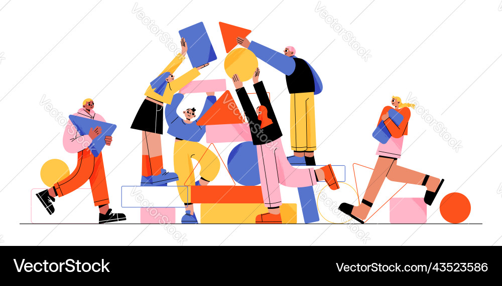 People working together set up abstract shapes Vector Image