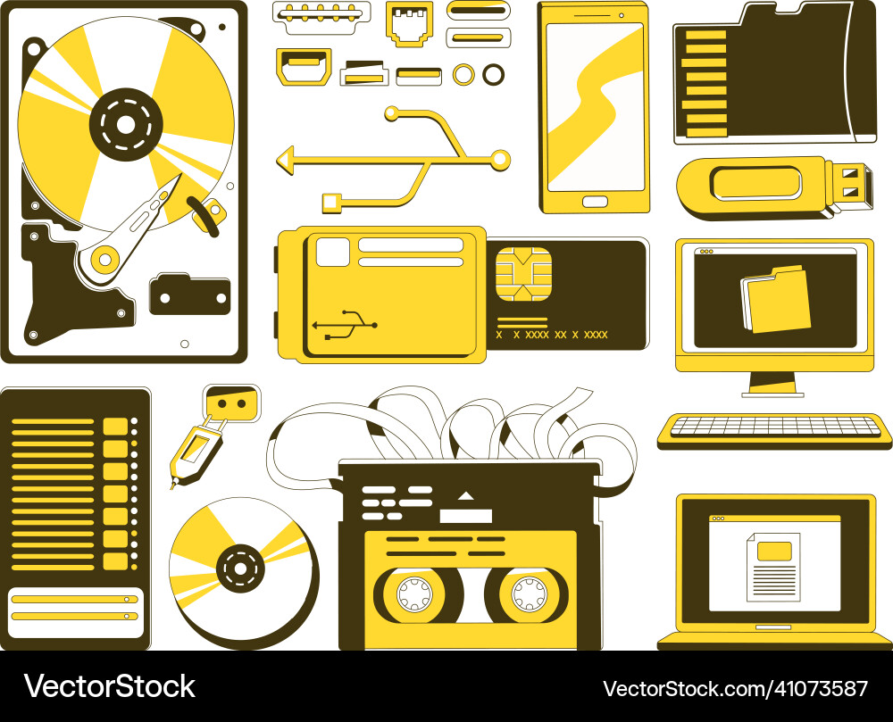 Data storage devices yellow linear objects set Data storage devices yellow linear objects set vector image