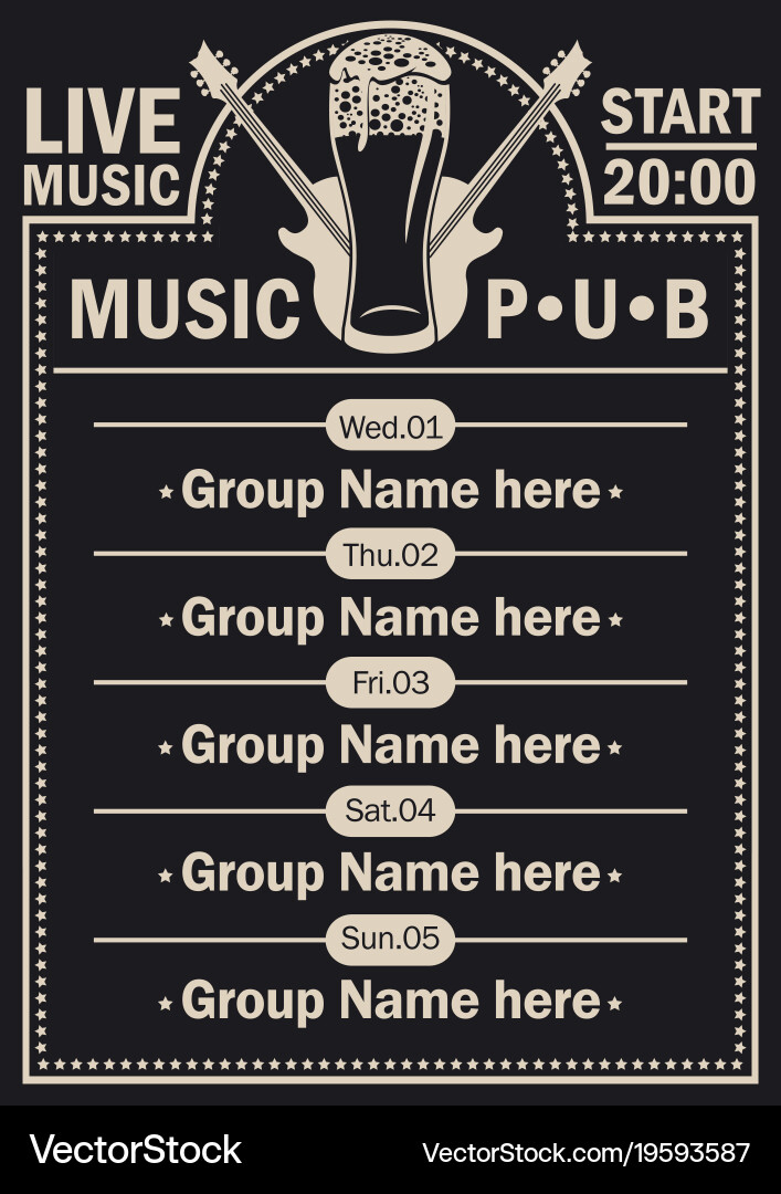 Live Music Pub Poster - Beer & Guitars Vector Image