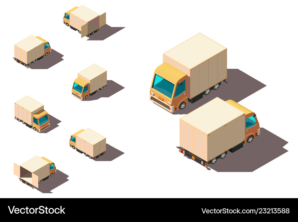 Isometric 3d set small shipment truck for delivery Isometric 3d set small shipment truck for delivery vector image