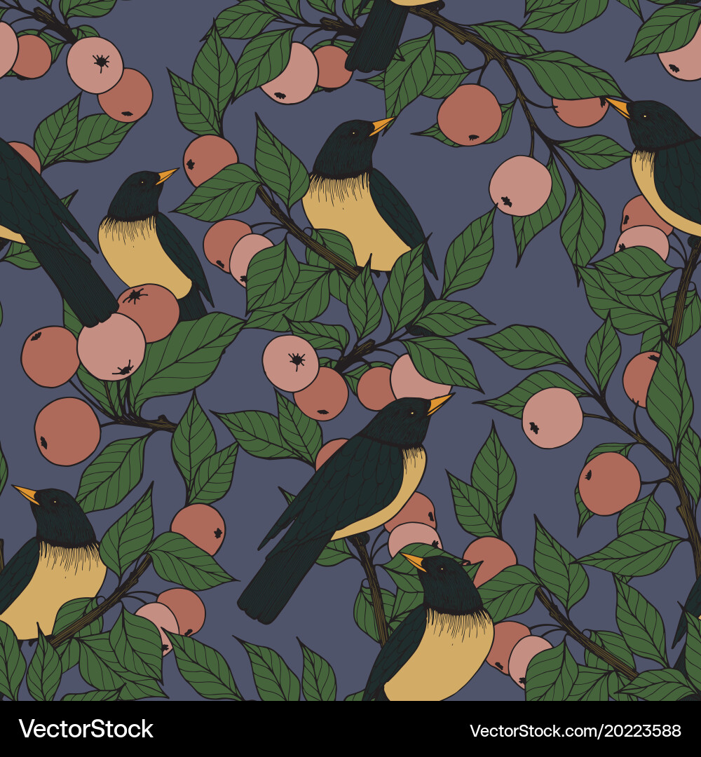 Seamless pattern with birds and apple tree vector image