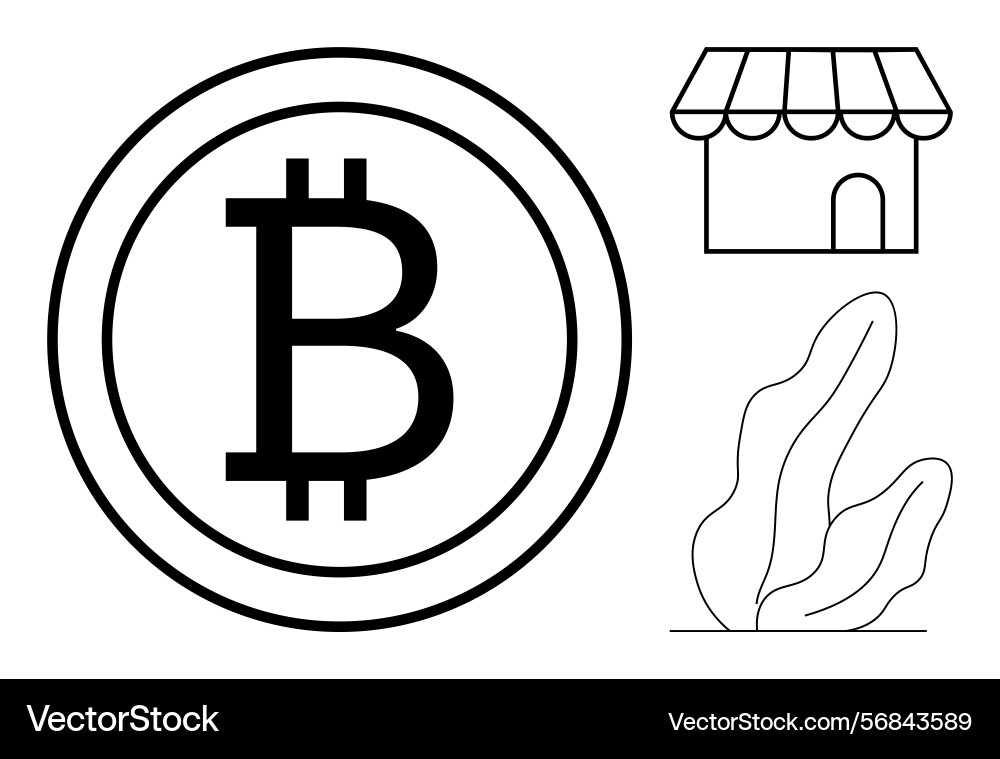 Bitcoin coin symbol with storefront and abstract Bitcoin coin symbol with storefront and abstract vector image