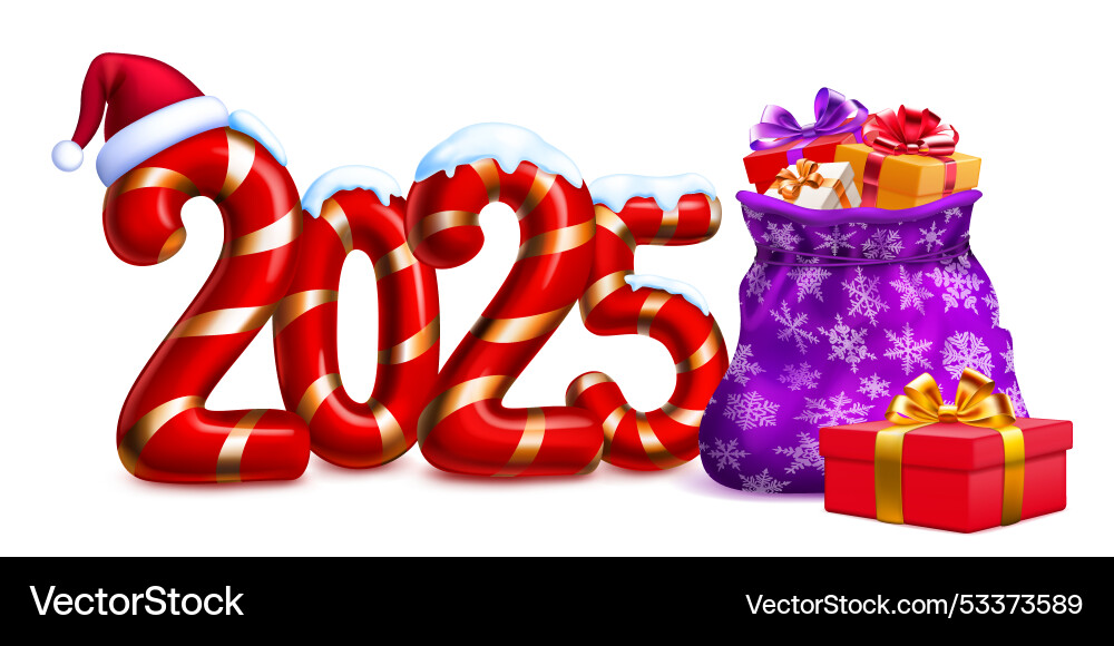 Colorful number 2025 with bag of gifts on a white Colorful number 2025 with bag of gifts on a white vector image