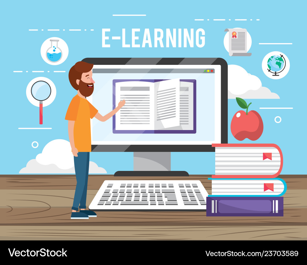 Man with computer technology and books apple Vector Image