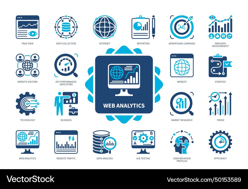 Web analytics solid icon set Web analytics solid icon set Vector Image