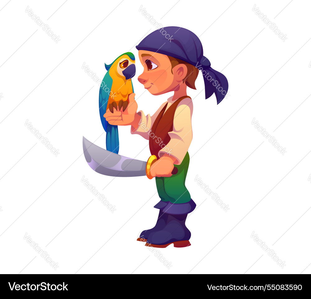 Kinderpirate mit Papagei im Korsar Party Kostüm Kinderpirate mit Papagei im Korsar Party Kostüm Vektorbild