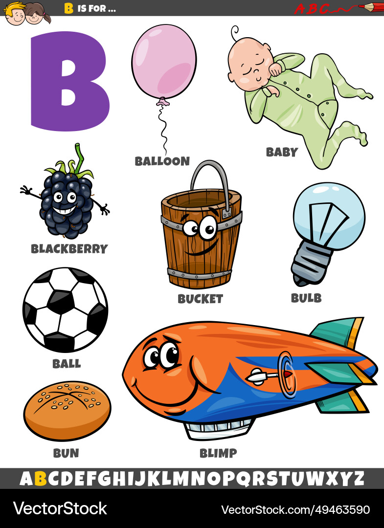 Letter b set with cartoon objects and characters vector image