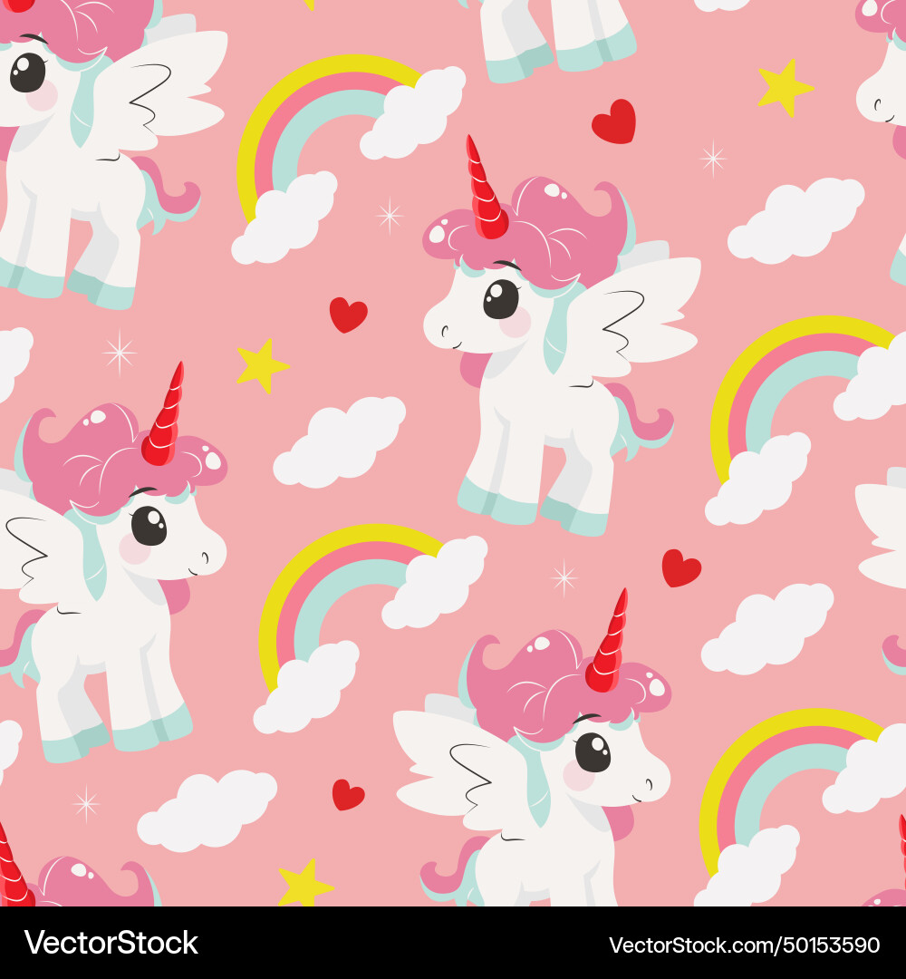 Seamless pattern with unicorns rainbow clouds Vector Image